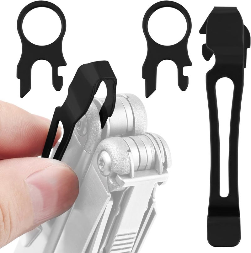 Samorillo [2-Pack] 2 Black Quick Release Pocket Clips + 2 Black Lanyard Rings Compatible With Leatherman Wave & Charge MultiTools - Stainless Steel Pocket Clip Won't Bend Or Snap - Install Or Replace In Seconds - Image 1